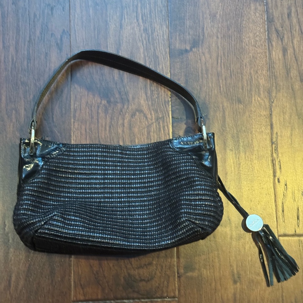 FURLA Classic Black Woven Leather Shoulder Bag with Tassel - Made in Italy